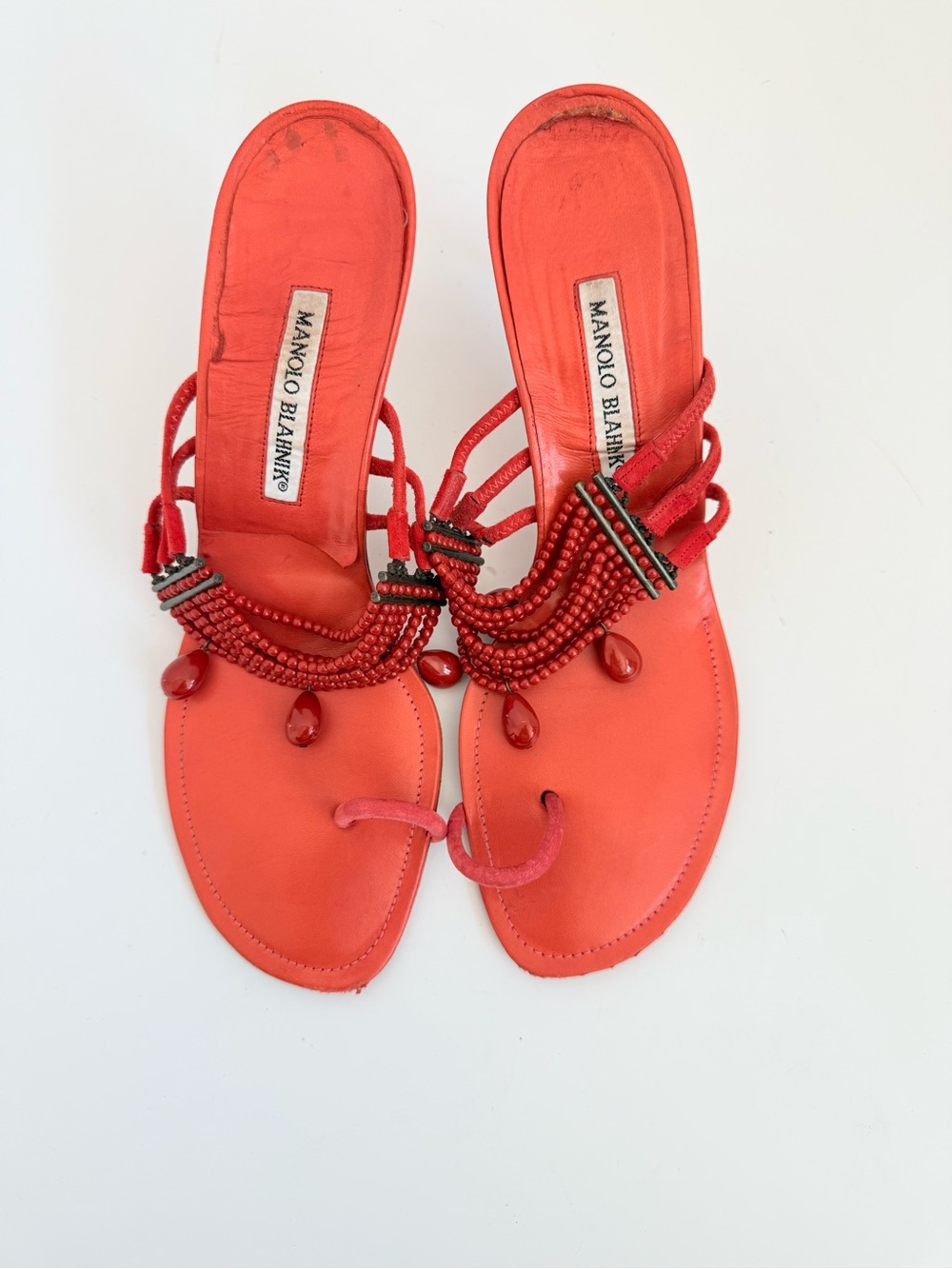 Rare Vintage Manolo Blahnik Red Beaded Toe Loop Heeled Sandals Y2K 40 - Picture 4 of 10